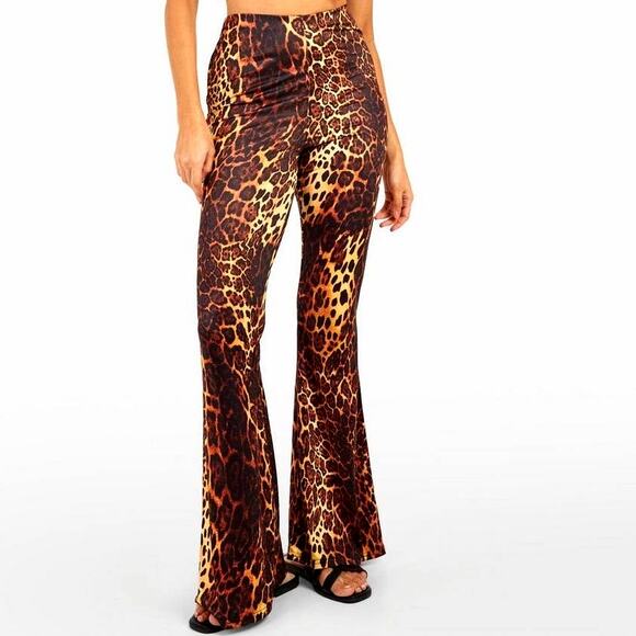 New Small Slinky Leopard Print Flare Pants Brown Fitted Flattering Animal Bell - Picture 2 of 4